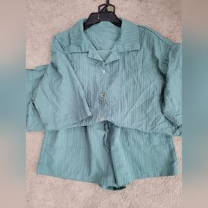 Womens Shein Teal Button-Up Shirt and Shorts Set Large 8/10
